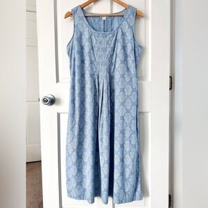 April Cornell Cottagecore Blue Pattern Sleeveless Midi Porch Dress Pleats Size M